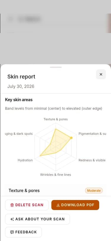 Aura skin report on a phone, showing band levels across six key skin areas